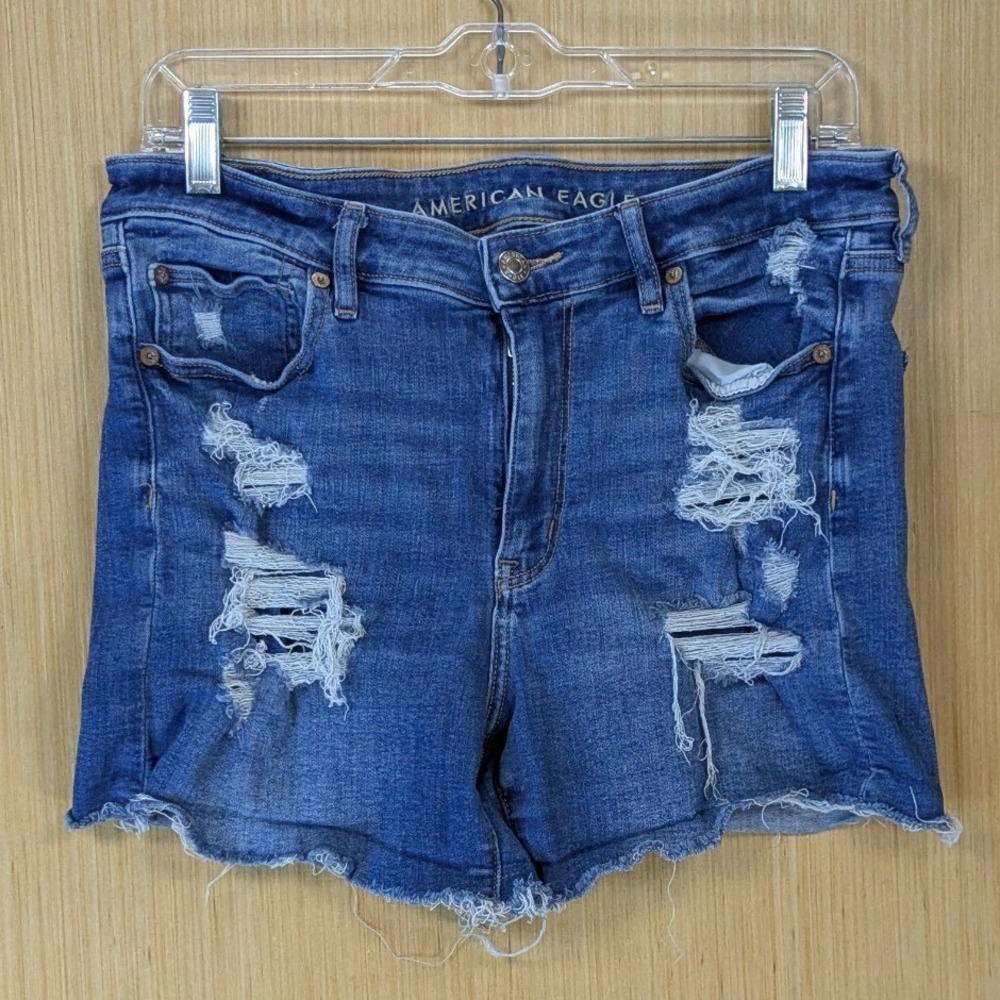 American‎ Eagle High V-Rise Shortie Distressed Denim Shorts Size 12 Blue Stretch